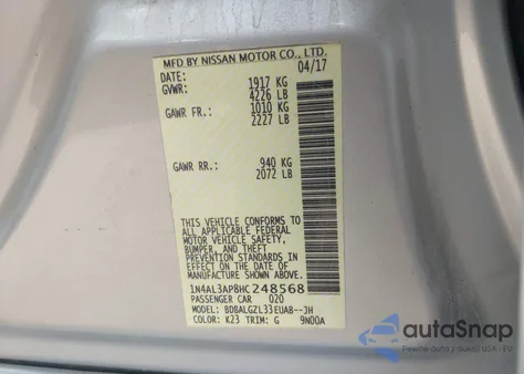 2017 Nissan Altima 2.5 S z USA, uszkodzony, nr VIN 1N4AL3AP8HC248568